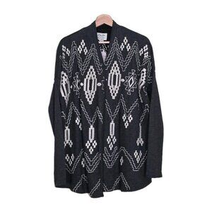 Lucky Lotus Aztec Tribal Embroidered Cardigan Women M Gray Cotton Boho Lagenlook